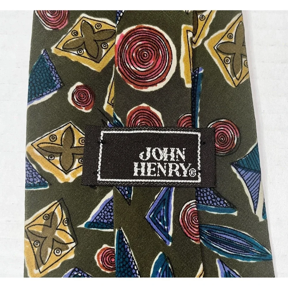 John Henry Mens Silk Crepe Tie Olive Green Geometric Abstract Vintage USA Made
